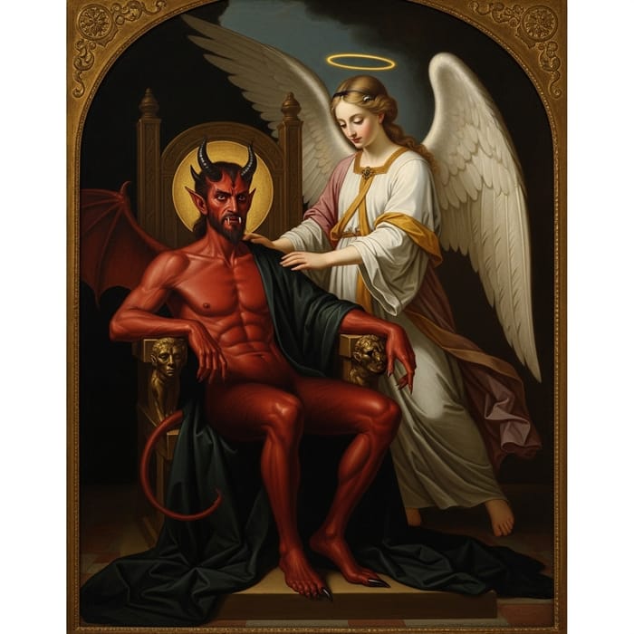 Devil and Angel on Throne: Eerie Encounter in Classic Scene