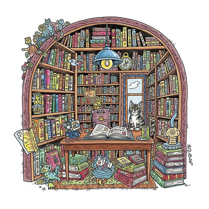 Whimsical Library Scene with Curious Cat & Vibrant Colors Whimsical Library Scene with Curious Cat & Vibrant Colors