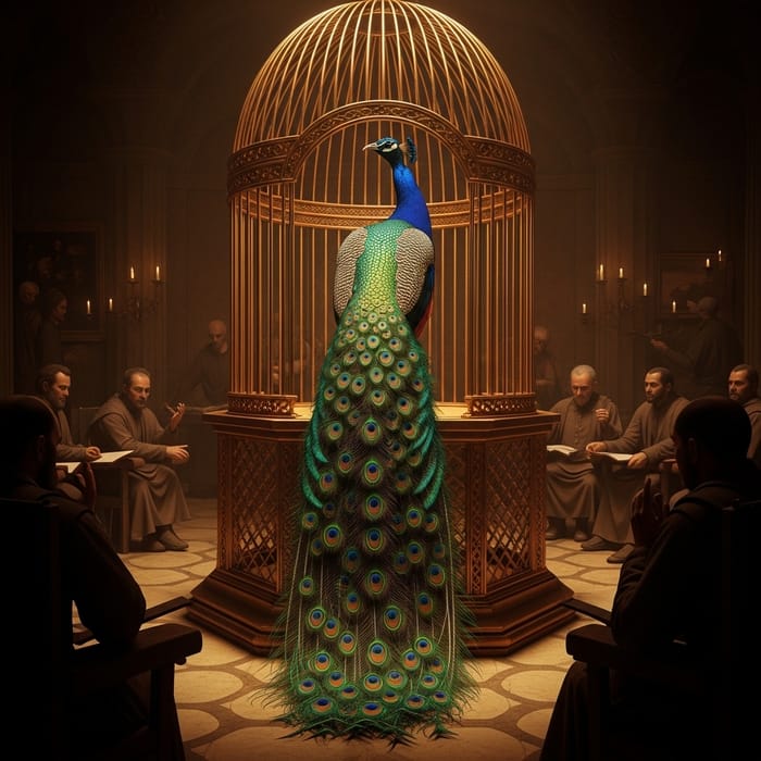 Radiant Peacock in Golden Cage: Mysterious Renaissance Display