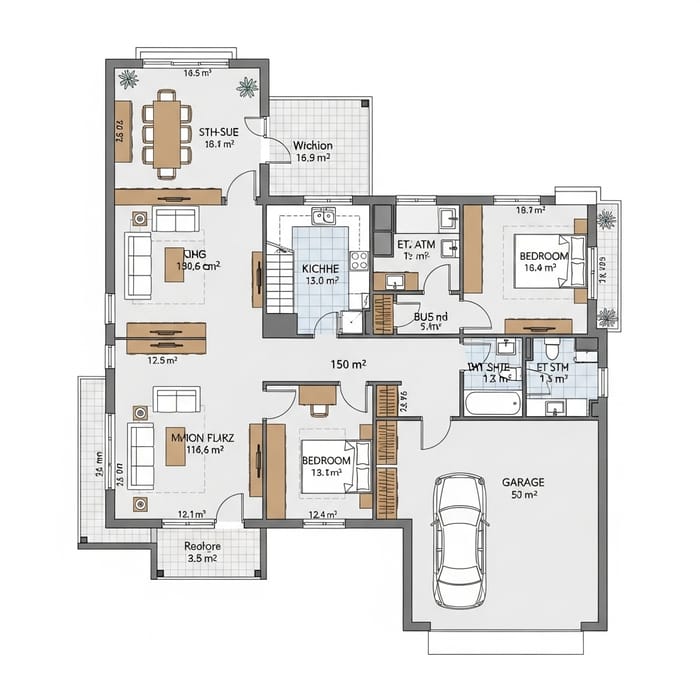 Architectural Blueprint of a 150 Sqm Residential House Layout Architectural Blueprint of a 150 Sqm Residential House Layout