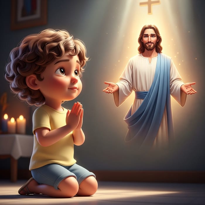 Little Kid Praying to Jesus in 3D Animation Little Kid Praying to Jesus in 3D Animation