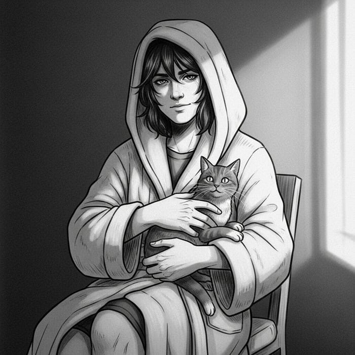 Vintage Fantasy Character Portrait in House Robe with Cat