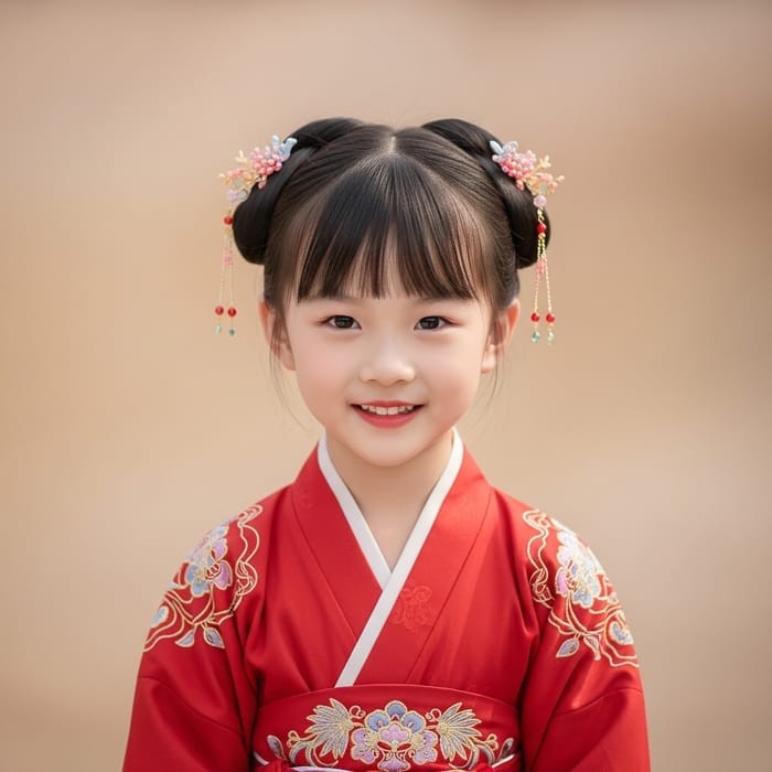 Tranquil Serenity: Four-Year-Old Chinese Girl in Red Hanfu Dress Tranquil Serenity: Four-Year-Old Chinese Girl in Red Hanfu Dress