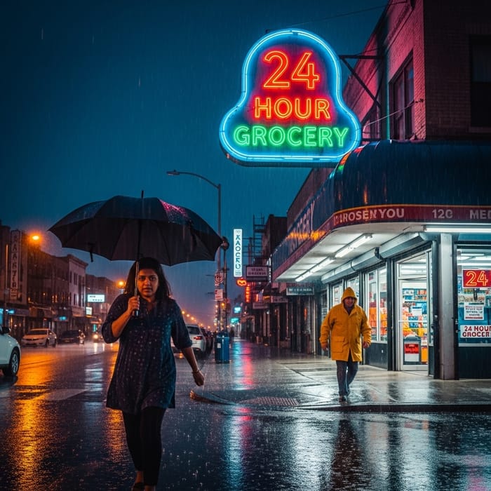 Rainy Night: Neon 24 Hour Grocery Store in Urban Cityscape Rainy Night: Neon 24 Hour Grocery Store in Urban Cityscape