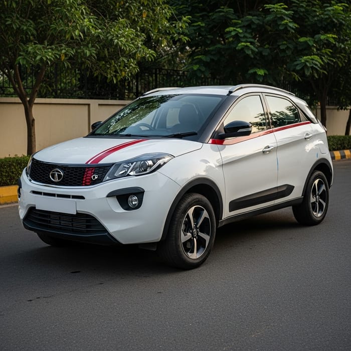 Tata Nexon: Stunning White with Sleek Red Stripes Tata Nexon: Stunning White with Sleek Red Stripes