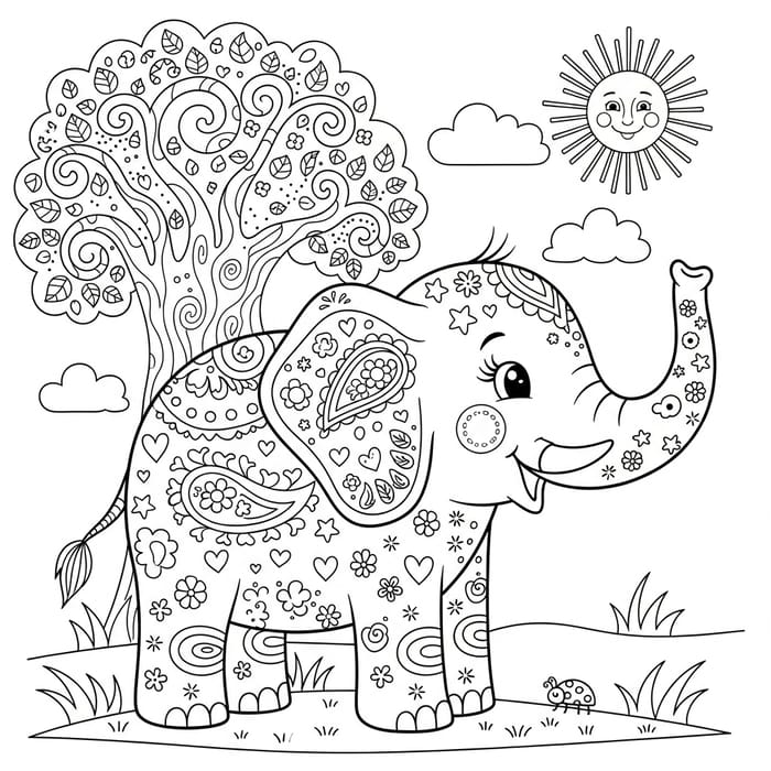 Charming Elephant Line Art for Coloring by 6-Year-Olds