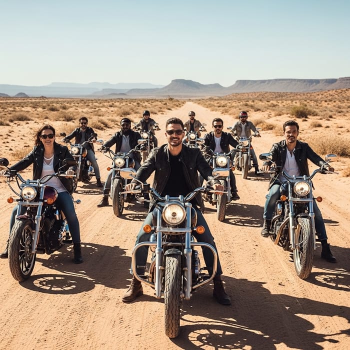 Iconic Motorcyclists Riding Through Desert Capturing Journey in Style