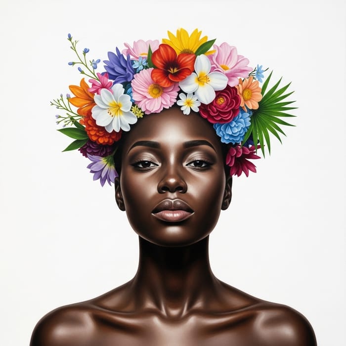 Realistic Oil Painting of Floral Head Black Woman Realistic Oil Painting of Floral Head Black Woman