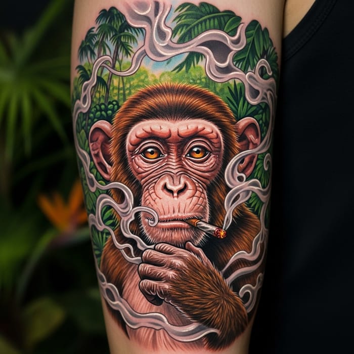 Monkey Tattoo in Jungle Environment Monkey Tattoo in Jungle Environment