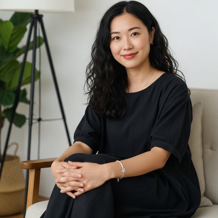 Asian Woman Smiling in Elegant Black Dress Asian Woman Smiling in Elegant Black Dress