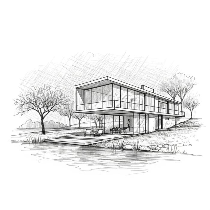 Modern House by the Lake with Large Glass Windows and Sparse Tall Trees Modern House by the Lake with Large Glass Windows and Sparse Tall Trees