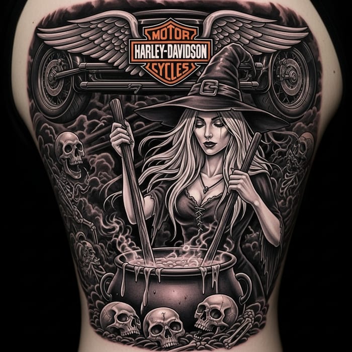 Powerful Witch Tattoo Design with Skeleton-Cauldron and Harley Davidson Elements