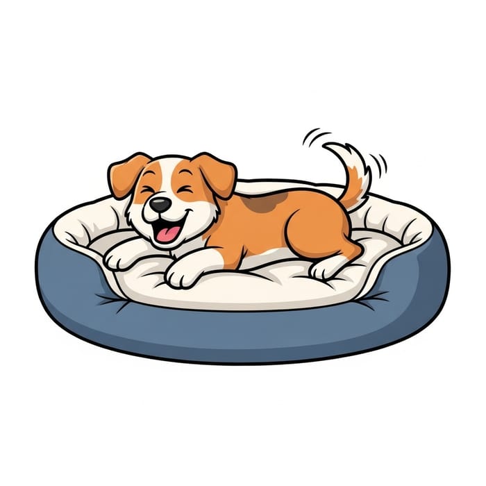 Whimsical Dog Lounging on Cozy Dog Bed Illustration