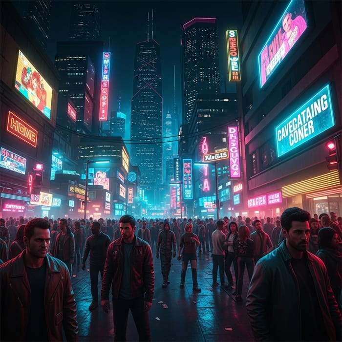 Dystopian Cyberpunk Metropolis: Neon Lights & Skyscrapers Dystopian Cyberpunk Metropolis: Neon Lights & Skyscrapers