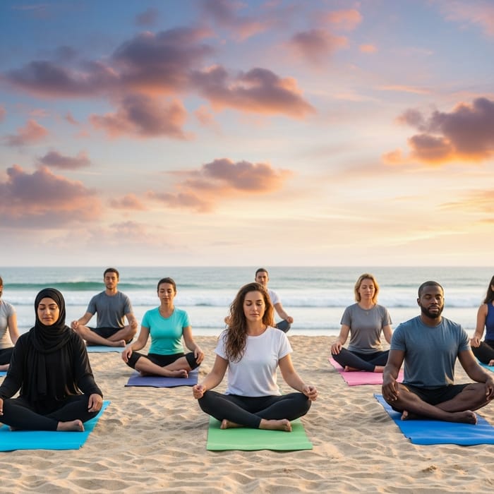 Serene Yoga Nidra Session on Beach | Diverse Group Meditation Serene Yoga Nidra Session on Beach | Diverse Group Meditation