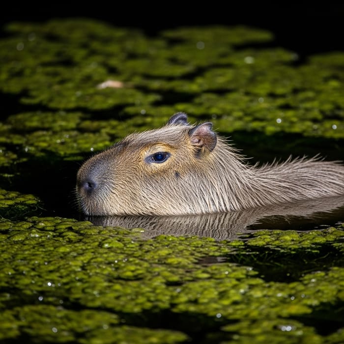 Capybara in Algae: Nighttime Tranquility Capybara in Algae: Nighttime Tranquility