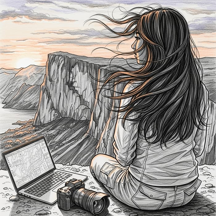 Sketched Adventure: South Asian Girl at Sunset Sketched Adventure: South Asian Girl at Sunset