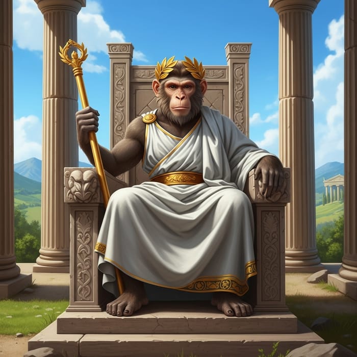 Majestic Monkey: A Greek God Ruling with Toga, Wreath & Sceptre Majestic Monkey: A Greek God Ruling with Toga, Wreath & Sceptre
