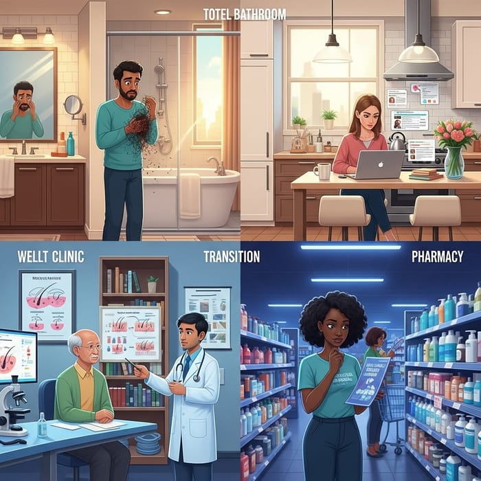 Hair Fall Problem Animated Scene: Diverse Individuals Coping with Hair Loss Hair Fall Problem Animated Scene: Diverse Individuals Coping with Hair Loss