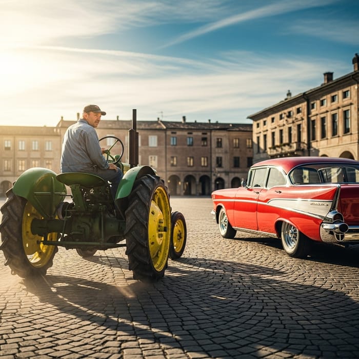 Tractor Driver Maneuvering on Red Square with VAZ 2107 Nearby Tractor Driver Maneuvering on Red Square with VAZ 2107 Nearby