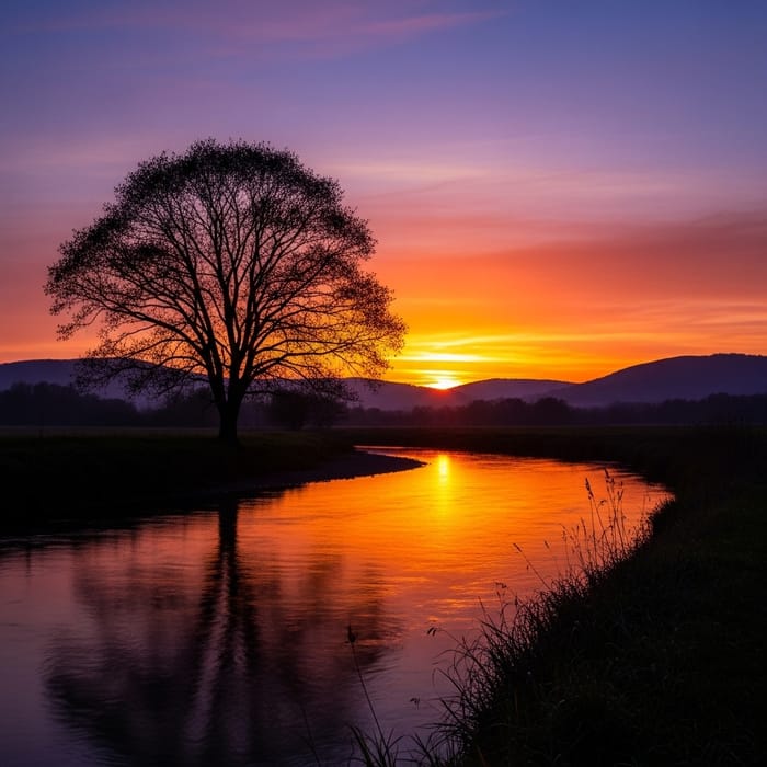 Tranquil Sunset Landscape with Solitary Tree - Paisajismo