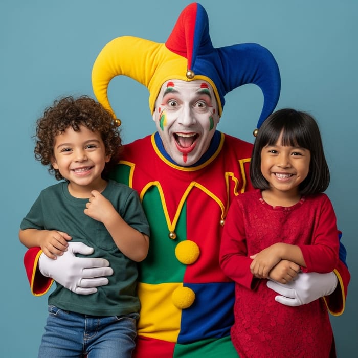 Cheerful Joker with Two Smiling Children | Website Name Cheerful Joker with Two Smiling Children | Website Name
