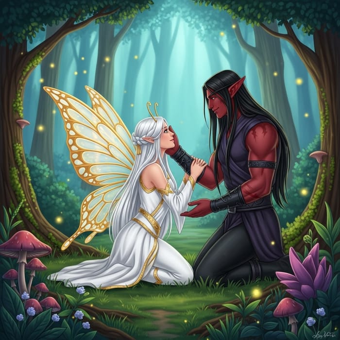 Enchanting Fairy and Blood Elf Kiss in Magical Forest