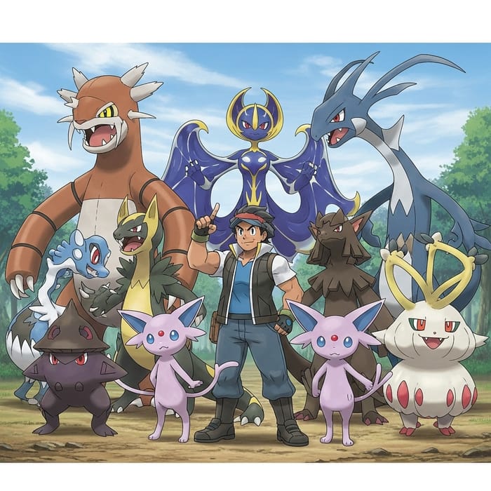 Powerful Pokémon Team featuring Latinx Trainer in Wild Environment Powerful Pokémon Team featuring Latinx Trainer in Wild Environment
