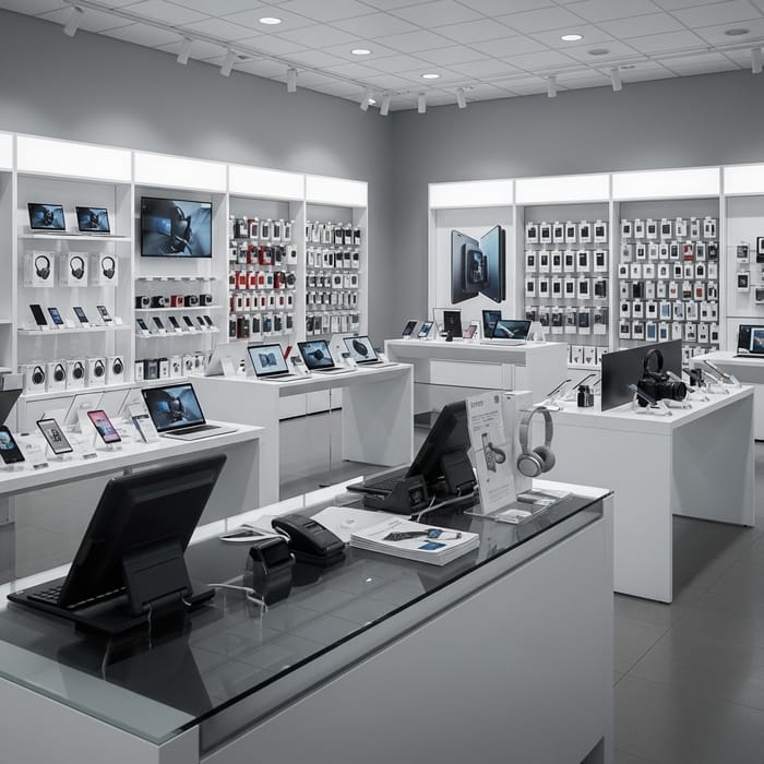 Modern Electronics Store - Empty and Inviting | Sleek Devices Display Modern Electronics Store - Empty and Inviting | Sleek Devices Display
