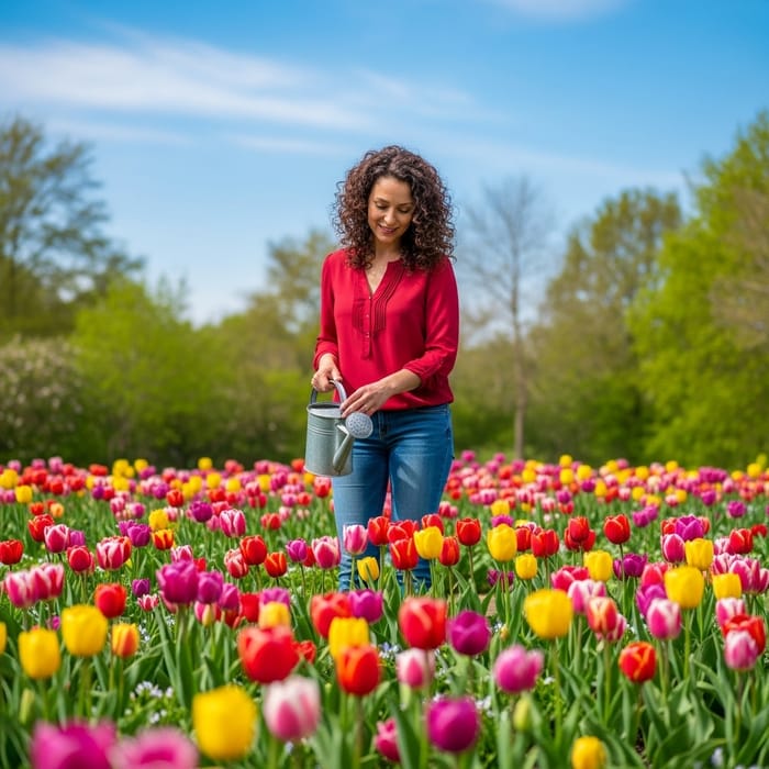 Serenity: Beautiful Woman Tending Colorful Tulips in Garden Serenity: Beautiful Woman Tending Colorful Tulips in Garden