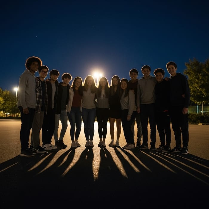Realistic Nighttime Silhouette of 20 Teenagers Embodying Unity
