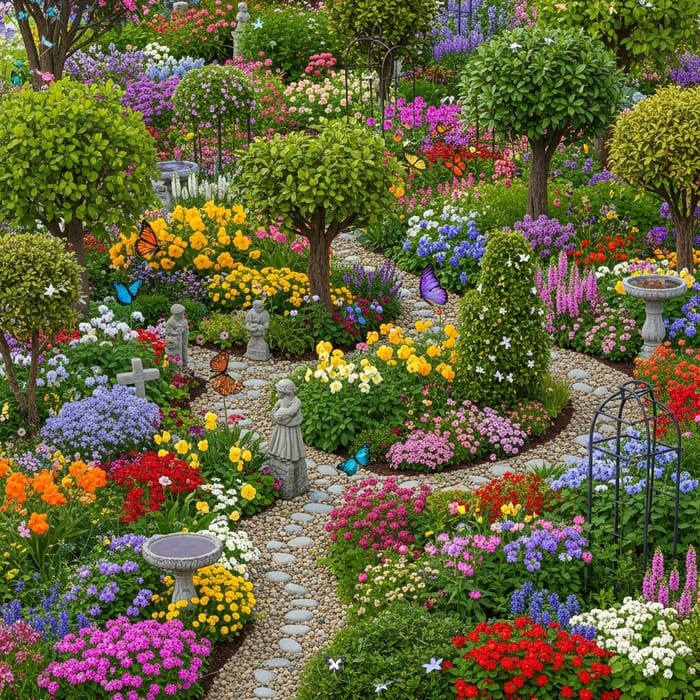 Abstract Garden Art with Bright Flowers and Playful Designs Abstract Garden Art with Bright Flowers and Playful Designs