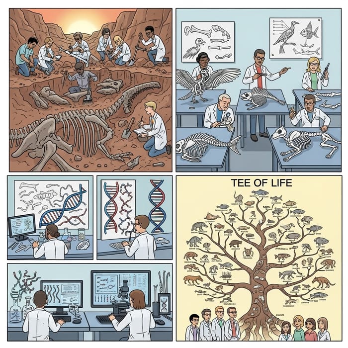 Evolution Evidence in Comic Strip: Fossils, Anatomy, Genetics