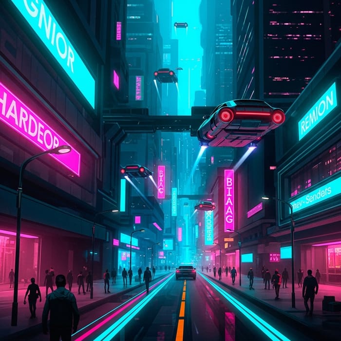 Vibrant Cyberpunk Cityscape with Neon Lights & Flying Cars