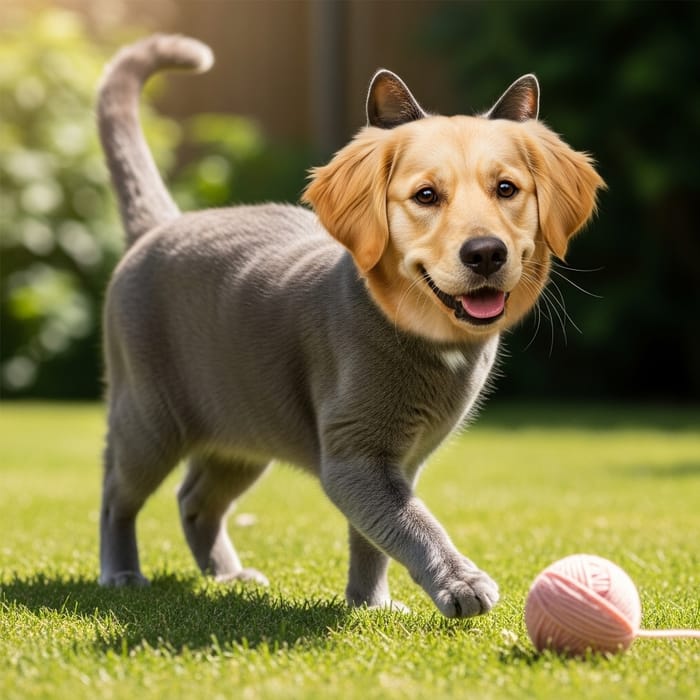 Curious Cat-Dog Hybrid - Enchanting Garden Creature