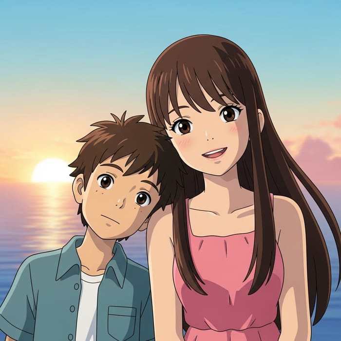 Animated Film: Boy and Girl Together at Sunset