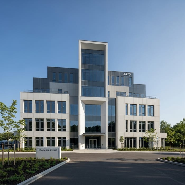 Minimalist Modern Office Building in Serene Setting Minimalist Modern Office Building in Serene Setting