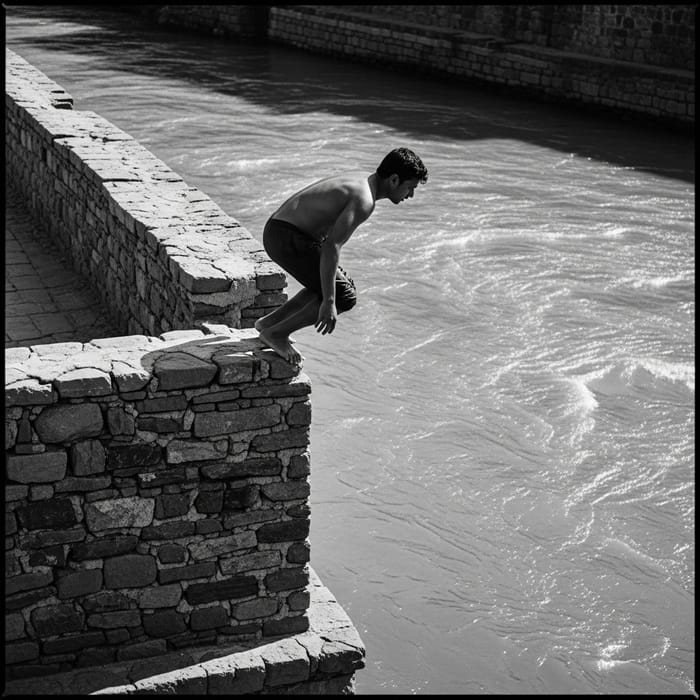 Dramatic Man Suspensefully Perched on Wall Over River | Canon EOS R6 50mm Lens
