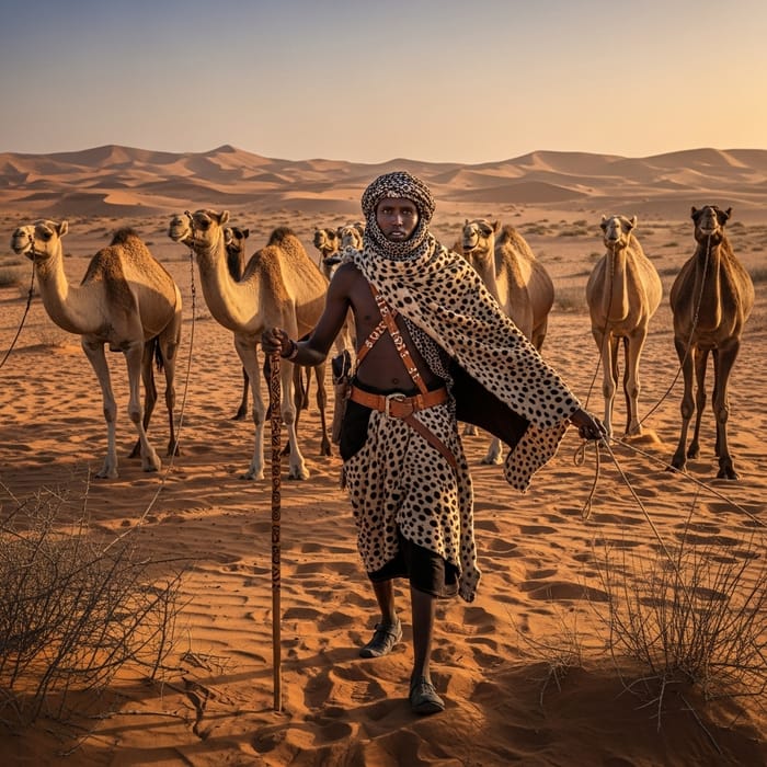 Nomadic Somali Man Handling Camels in Cheetah Fur Outfit Nomadic Somali Man Handling Camels in Cheetah Fur Outfit