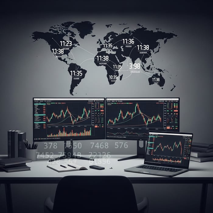 Minimalist Forex Trading Scene - Elegant Desk Setup with Live Trading Data Minimalist Forex Trading Scene - Elegant Desk Setup with Live Trading Data