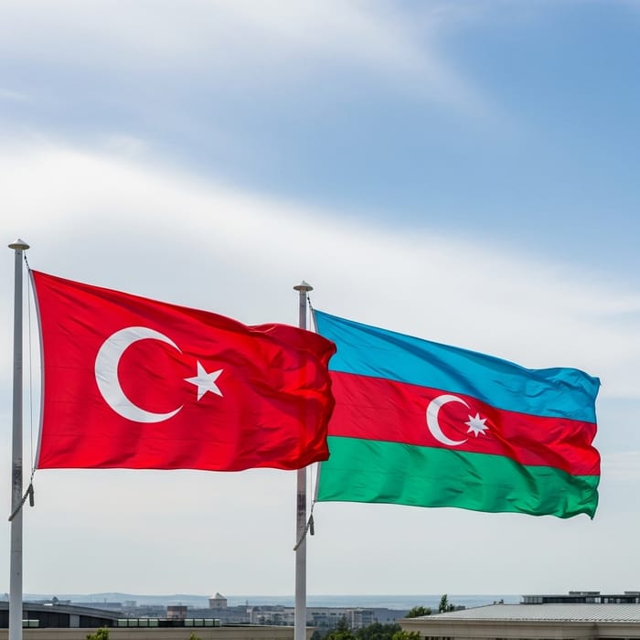 Vibrant Unity: Aerial View of Turkey and Azerbaijan Flags Fluttering