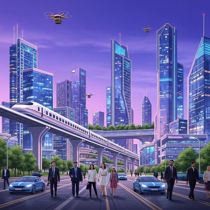 Vision of Future Cityscape: Neon Skyscrapers & Technology Vision of Future Cityscape: Neon Skyscrapers & Technology