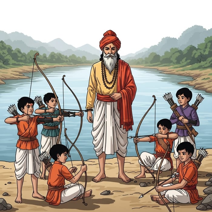 Indian Guru Dronacharya with Archery Students by Serene River Indian Guru Dronacharya with Archery Students by Serene River