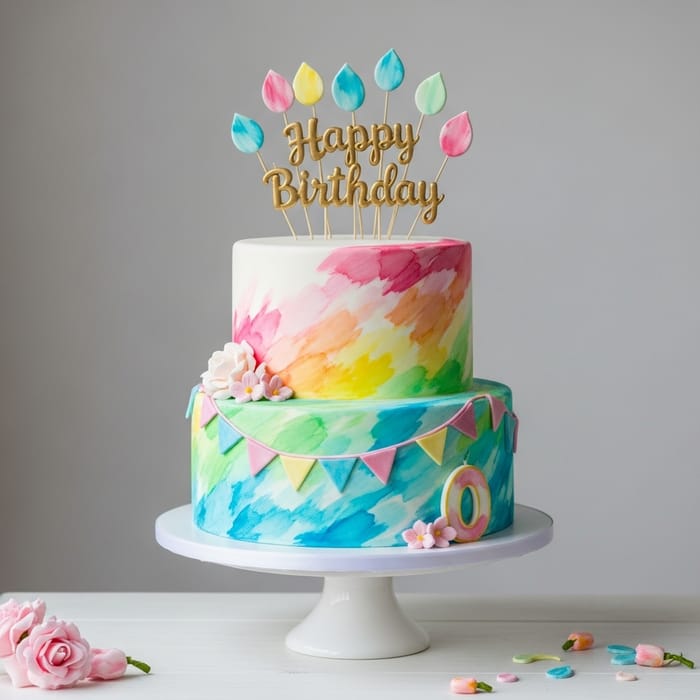 Whimsical Watercolor Birthday Cake | Vibrant Fondant Design
