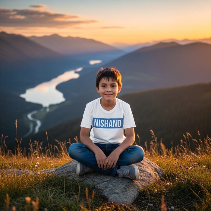 Boy Sitting in Picturesque Location | Nishand White T-shirt Boy Sitting in Picturesque Location | Nishand White T-shirt