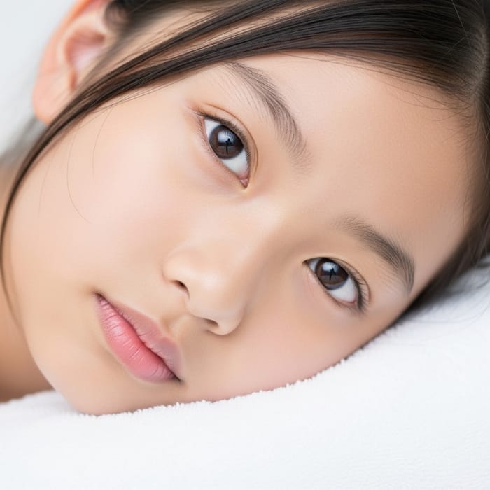 Close-Up of Young Asian Girl on White Bath Towel Close-Up of Young Asian Girl on White Bath Towel