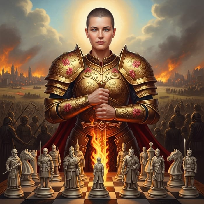 Joan of Arc as Queen of Chess: A Heroic Oil Painting Joan of Arc as Queen of Chess: A Heroic Oil Painting