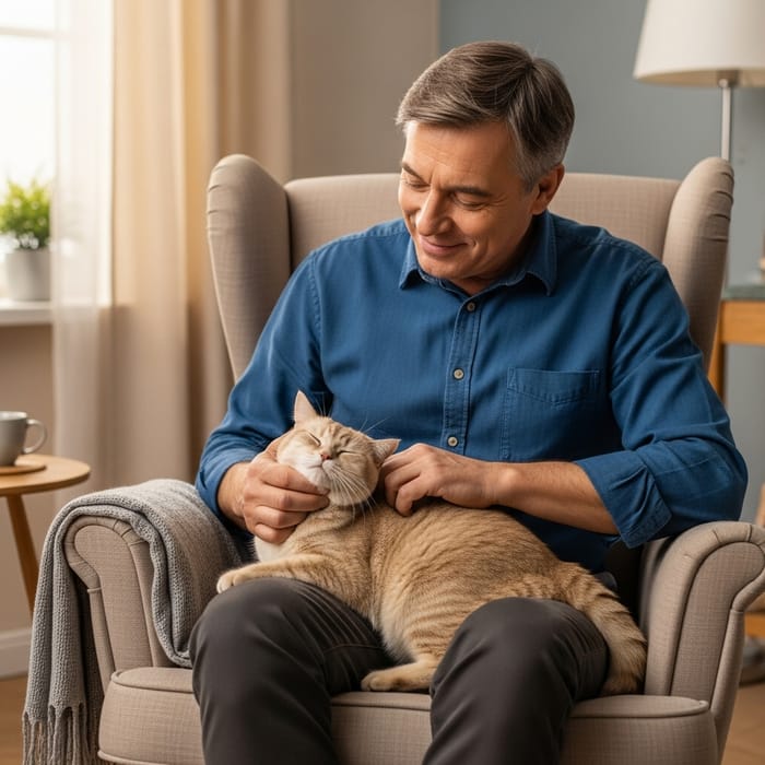 Heartwarming Moment: Man Stroking Fluffy Cat