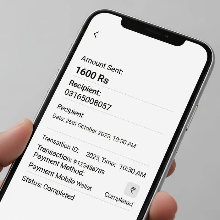 Mobile Payment Receipt: 1600Rs Sent to 03165008057 Recipient Mobile Payment Receipt: 1600Rs Sent to 03165008057 Recipient
