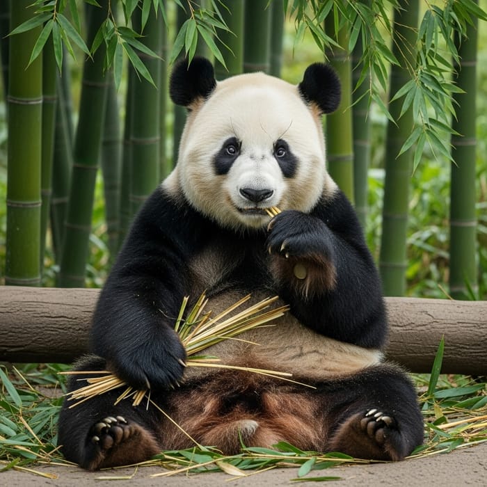 Adorable Panda Munching Bamboo in Lush Forest